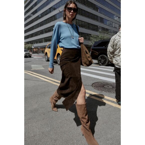 ZARA 100% LEATHER WRAP MIDI SKIRT - Picture 2 of 8